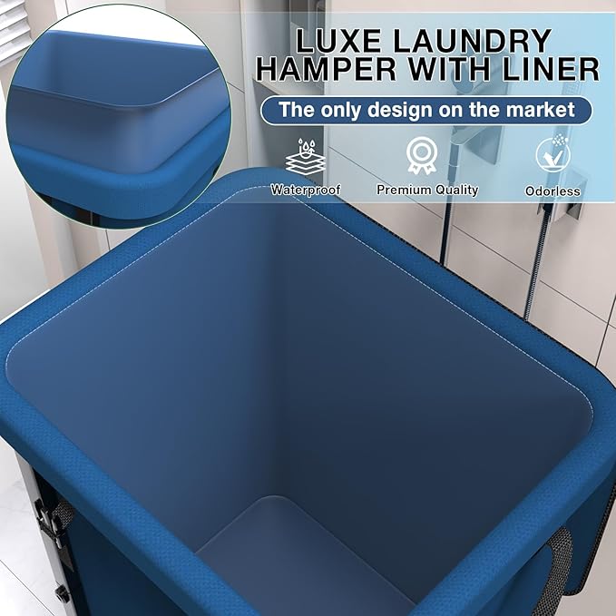 40 Gal(150L) High Grade Large Laundry Basket with Wheels, Rolling Laundry Hamper, Laundry Cart with Metal Frame and Removable Bag Design, Suitable for Laundry Room, Bedroom (Dark Blue, 150L)