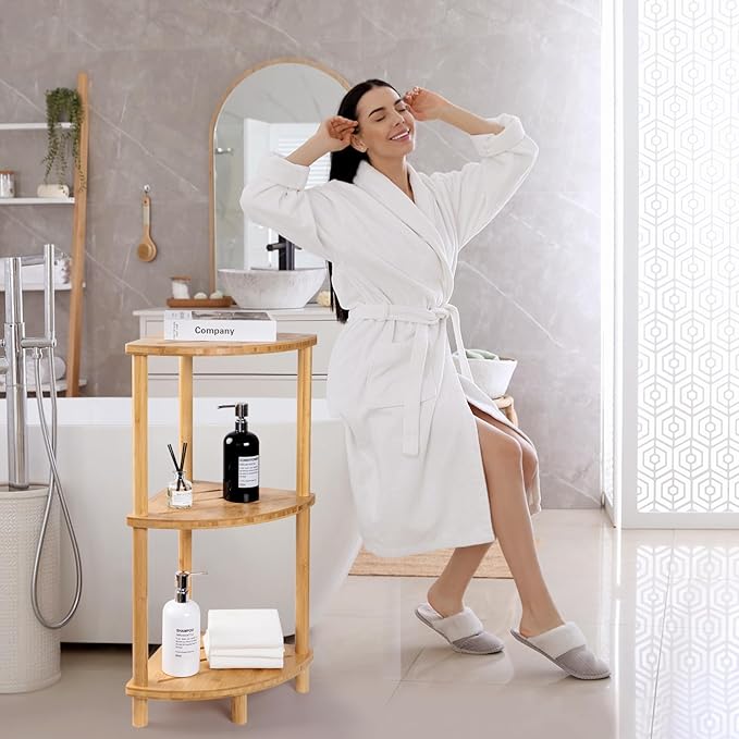 Corner Shower Caddy Stand, Bamboo Shower Organizer Standing with Anti-Slip Feet, Bathroom Corner Shelf,Waterproof & Durable, Space-Saving Design Storage for Kitchen or Living Room