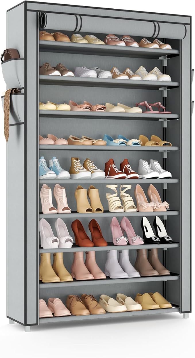 Shoe Rack with Cover Wide Shoe Organizer with Pockets 10 Tier Tall Shoe Storage Holds 50-55 Pairs Shoes and Boots Shoe Rack for Closet Entryway Garage, Grey