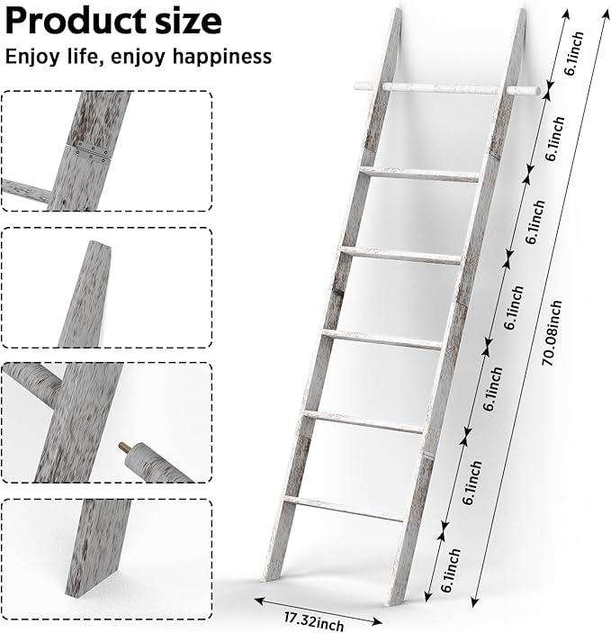 Farmhouse 6 Ft (70 inch) Wooden Blanket Ladder Living Room with Removable Hooks, 6-Tier Blanket Rack Decorative Stand, Leaning Towel Quilt Rack Holder for Bathroom Decor Rustic White