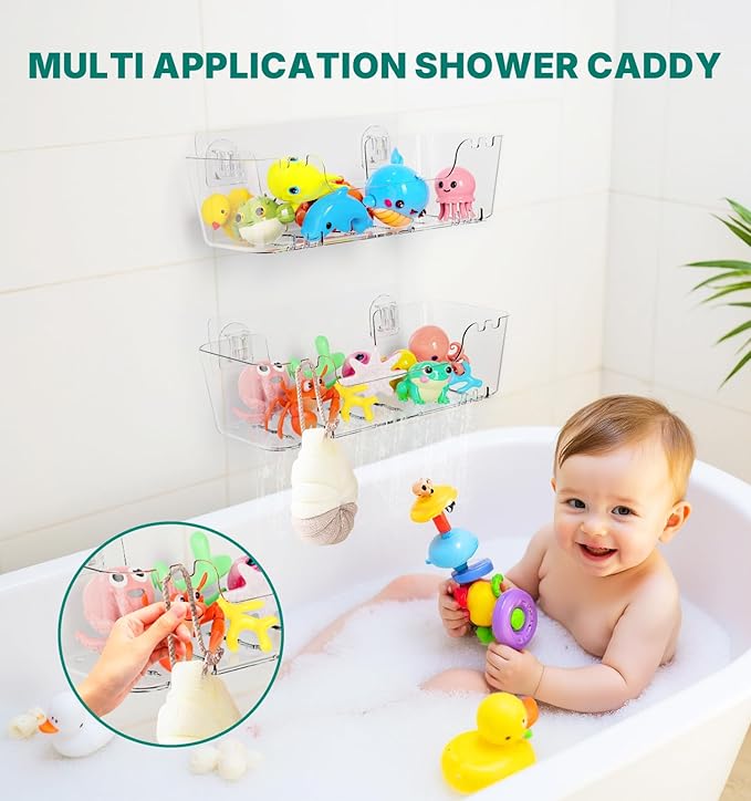 Bath Toy Storage Holder for Bathtub, Clear Acrylic Bath Toy Organizer with Drain Holes, 2 Pack Large Capacity Bathtub Toy Storage Shower Caddy for Bathroom
