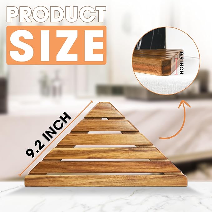 ENKEZI Acacia 2,3 Tiers Corner Shower Shelf, Triangular Corner Shelf Wooden Bathroom Shelf for Tiled Wall, Shower Corner Shelf, No Drilling Requied (2)