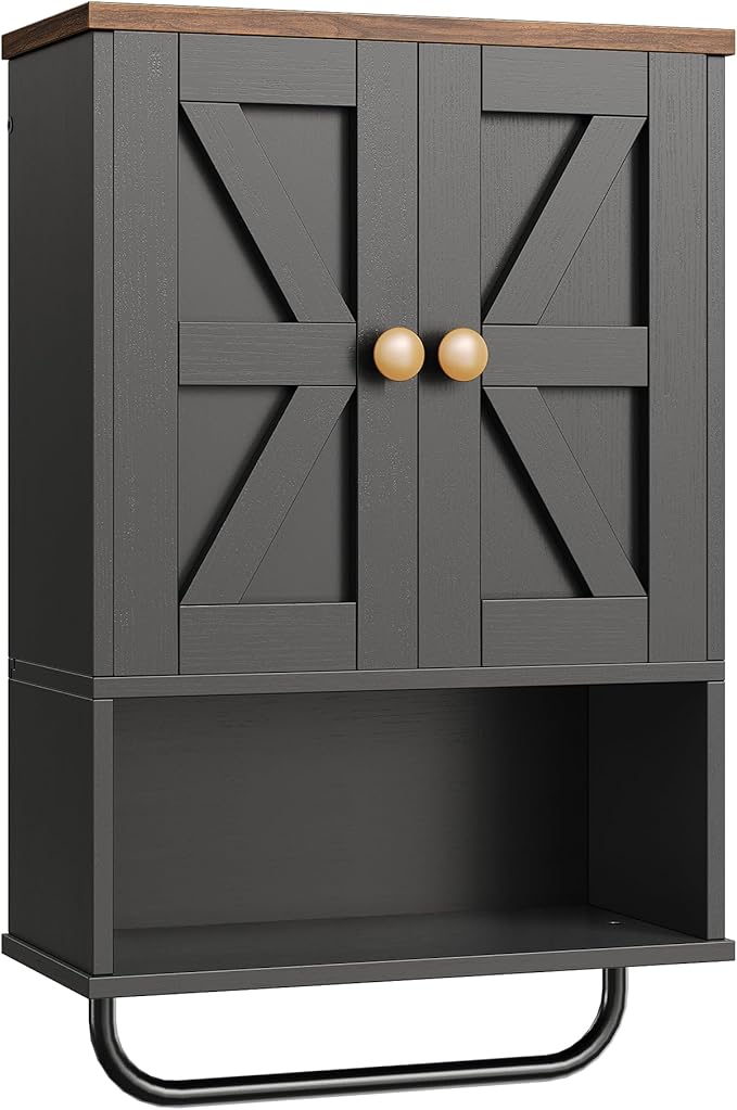 Bathroom Wall Cabinet, Medicine Cabinet with Open Partition and Towel Bar, Rustic Storage Cabinet with Open and Hidden Storage Space, for Bathroom, Living Room, Kitchen, Black and Walnut