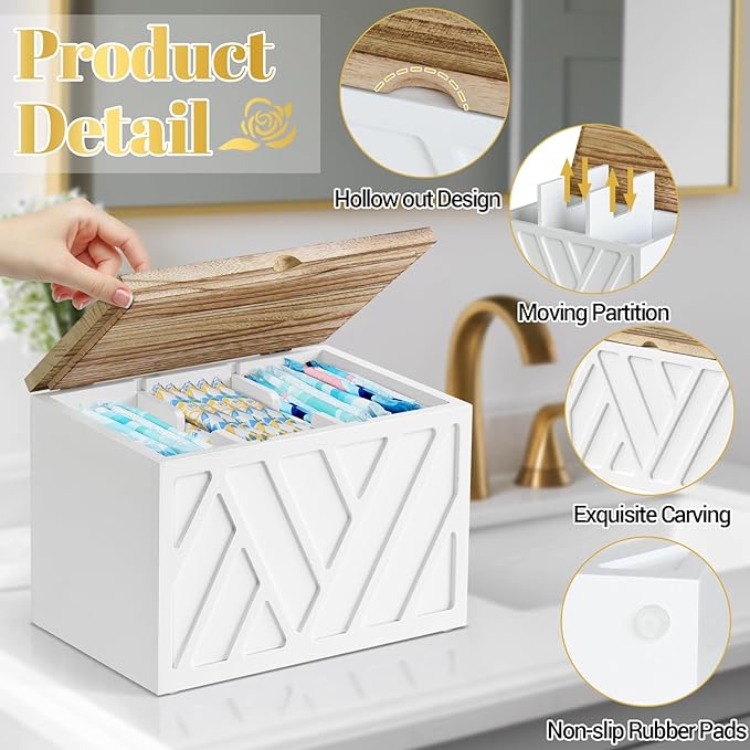 Tampon Holder for Bathroom Decor, Feminine Product Organizer with Lid, Shark Week Tampon Storage, Wood Pad and Tampon Organizer for Toilet Organizer, Bathroom Accessories Box for Girl Stuff