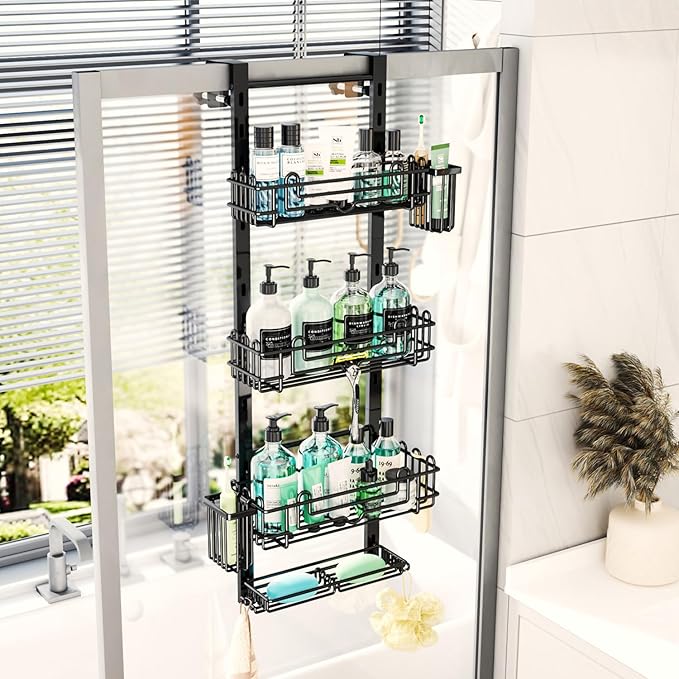 HapiRm 4 Tier Over the Door Shower Caddy, Hanging Shower Caddy with 22 Hooks and 2 Toothbrush Holders, No Drilling Adjustable Hanging Bathroom Organizer - Black
