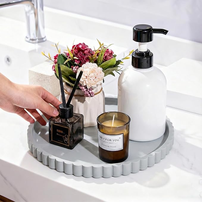 Silicone Bathroom Countertop and Vanity Tray, Round Silicone Bathroom Tray, Modern Bathroom Decor, Coffee Table Decor, Decorative Tray for Candle, Perfume, Plants (Grey, 9 inch)