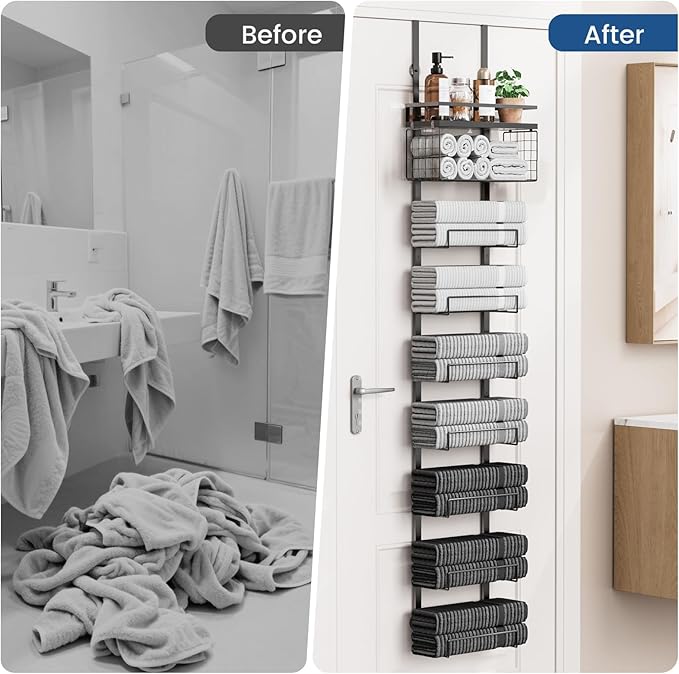 Towel Racks for Bathroom Over The Door Towel Racks Towel Storage Organizer with Metal Shelf Basket for Bathroom Rv Camper (9-Tier Black)