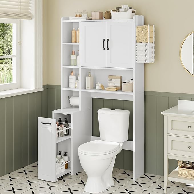 Over The Toilet Storage Cabinet with Pulley Small Bathroom Storage Cabinet, Space Saver W/Adjustable Shelf & Towel Rack for Bathroom, Restroom, Laundry (White-Type B)