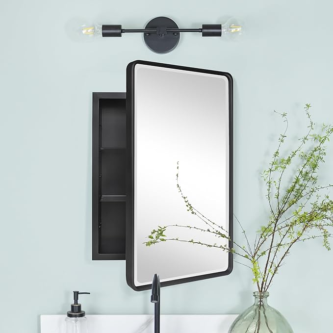 TEHOME Farmhouse Black Metal Framed Recessed Bathroom Medicine Cabinet with Beveled Mirror Rounded Rectangle Bathroom Medicine Cabinet 16x24 inch