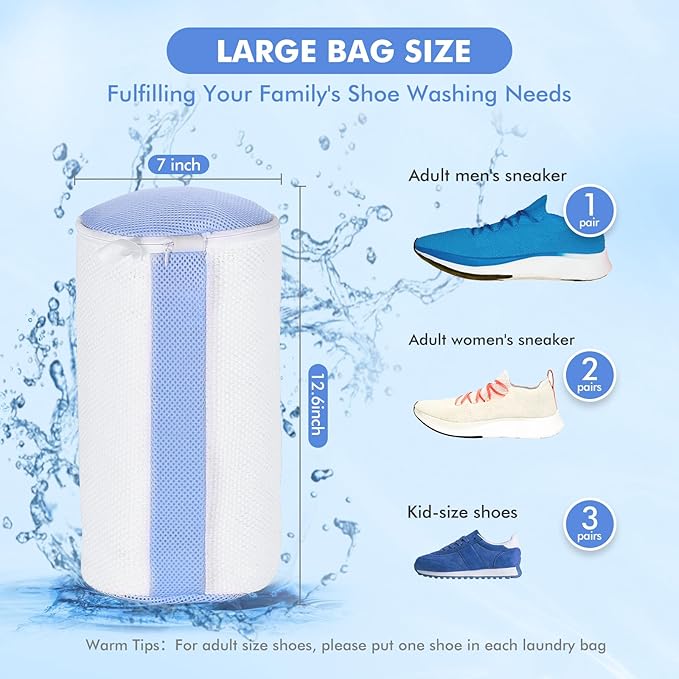 2Pcs Shoe Washing Machine Bags, Laundry Shoes Bag for Washer & Dryer, Reusable Shoe Cleaning Bag Fluffy Fiber Inside, Sneaker Tennis Laundry Bags for All Shoes, Large Size, 7 x 13 Inches