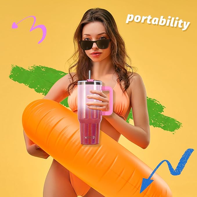 30 oz Shiny Tumbler with Handle and Straw,Stainless Steel Tumbler with Lid and Straw,Insulated Travel Mug(Cold for 34 Hours),Water Bottle for Iced Tea,Coffee (Red)