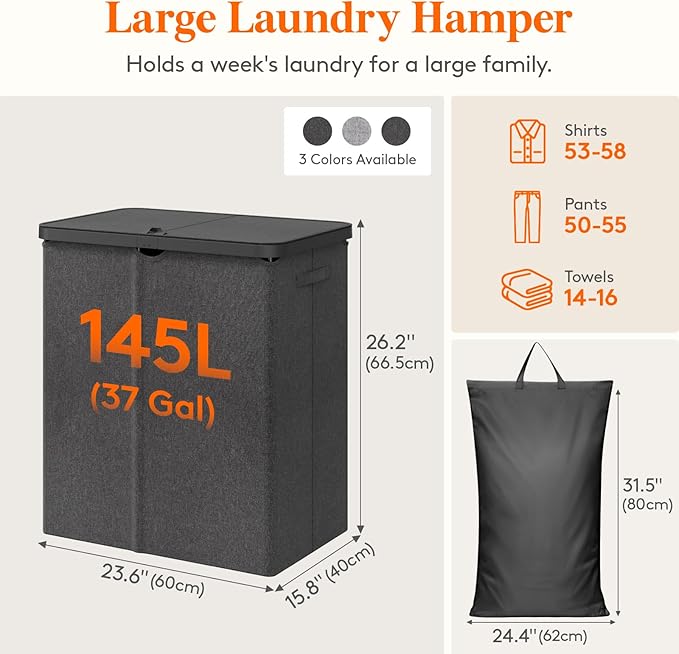 Lifewit 145L Large Laundry Basket with Lid, Laundry Hamper with Plastic Handles and Removable Bag, Foldable Tall Dirty Clothes Hampers for Laundry for Laundry Room, Bedroom, Bathroom, Dorm, Dark Gray