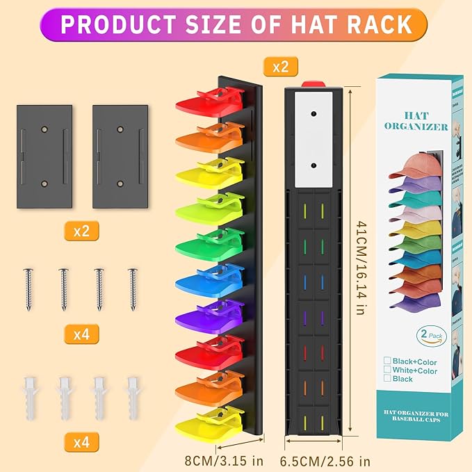Hat Organizer for Baseball Caps, 2 Pack Hold Up to 40 Hats, Hat Rack for Wall Space Saving, Hat Hanger w/Strong Adhesive Hat Storage Holder Display for Closet Door and Wall (Black & Color)
