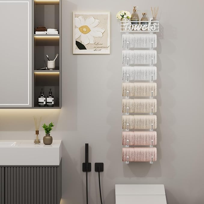 SWTYMIKI Hanging Towel Racks for Bathroom - 9 Tier Over The Door & Wall Mounted Bath Rolled Towel Storage Organizer Holder for Small Bathroom, RV, Camper, White (Patented)