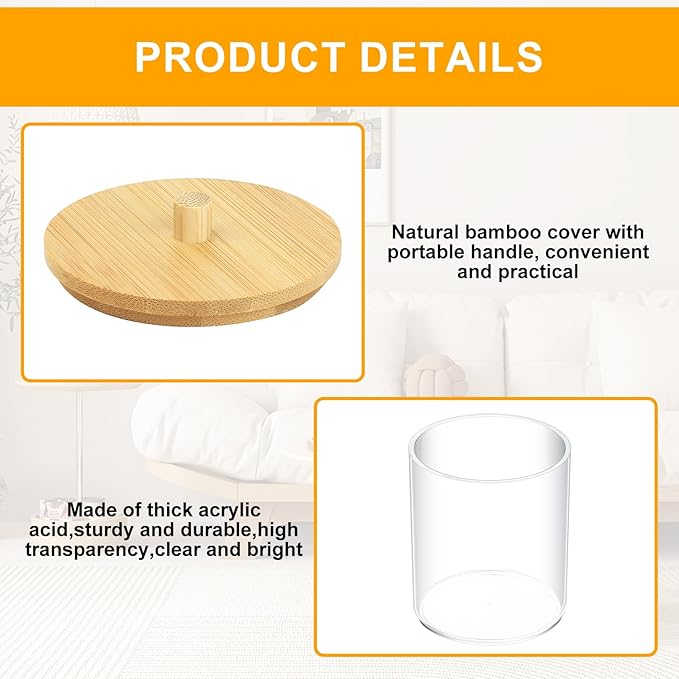 2 Pcs Qtip Holder, Cotton Pads Balls Dispenser Holders, Clear Cotton Swab Makeup Canister, Apothecary Jar Holder Organizer with Bamboo Lid for Bathroom Tabletop Vanity Makeup Storage Box