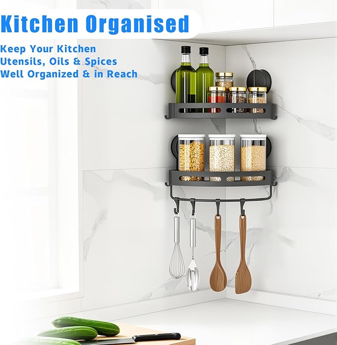 Corner Shower Caddy Suction Cup Shower Shelf Corner No Drilling Bathroom Shower Organizer Storage Rack Suction Cup Type with Towel Bar Hooks