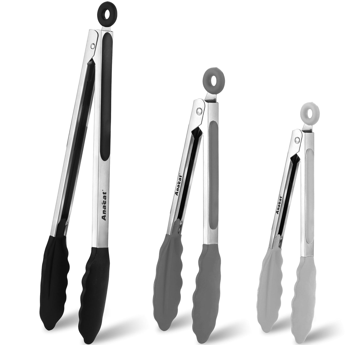 Anaeat Non-Stick Silicone Locking Tong Set of 2 - Stainless Steel 9" and 12" Kitchen Food Tongs with Non-Slip Silicone Tips and Grip for Cooking, Baking and BBQ - Heavy Duty & Heat Resistant (Black)