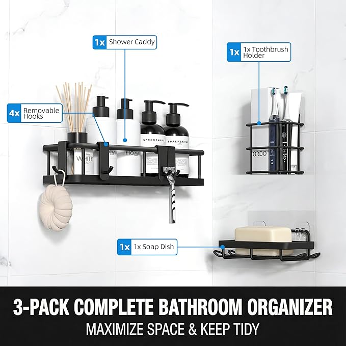 3-Pack Shower Caddy, Rustproof Iron Bathroom Shelves, No-Drill Shower Organizer Set with Soap Tray, Toothbrush Holder & 4 Hooks, Bathroom Organizer for Home/Dorm/Apartment (Black)