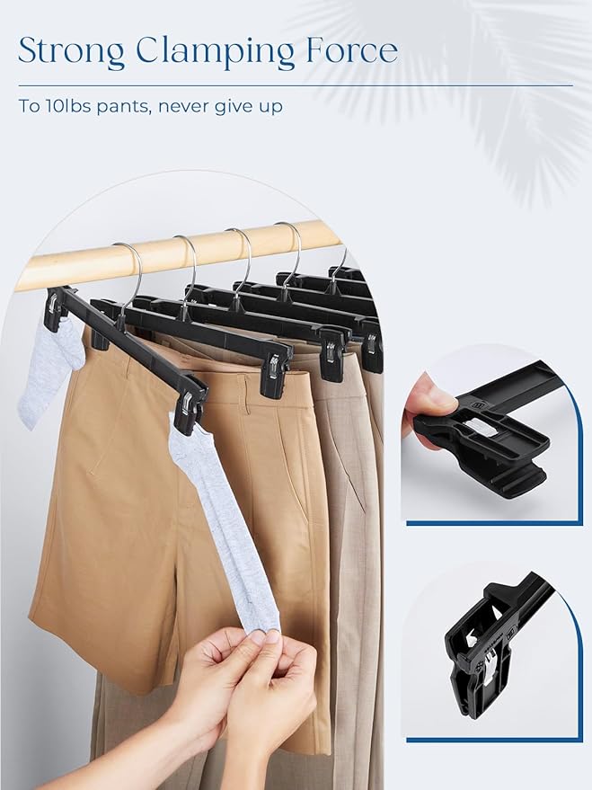 Smartor Space Saving Skirt Hangers - 60 Pack, Slim Plastic Pants and Shorts Hangers, Ridged Non-Slip with Pinch Clips, Black Clip Hangers for Women, 360-Rotating Chrome Swivel Hook, 12 Inches