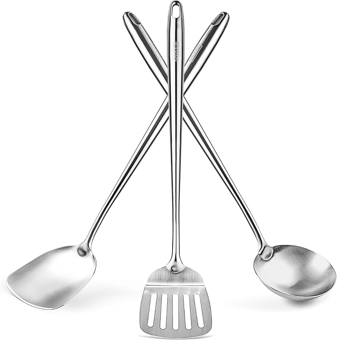 YOSUKATA 17" Stainless Steel Wok Spatula Ladle and Turner Set of 3
