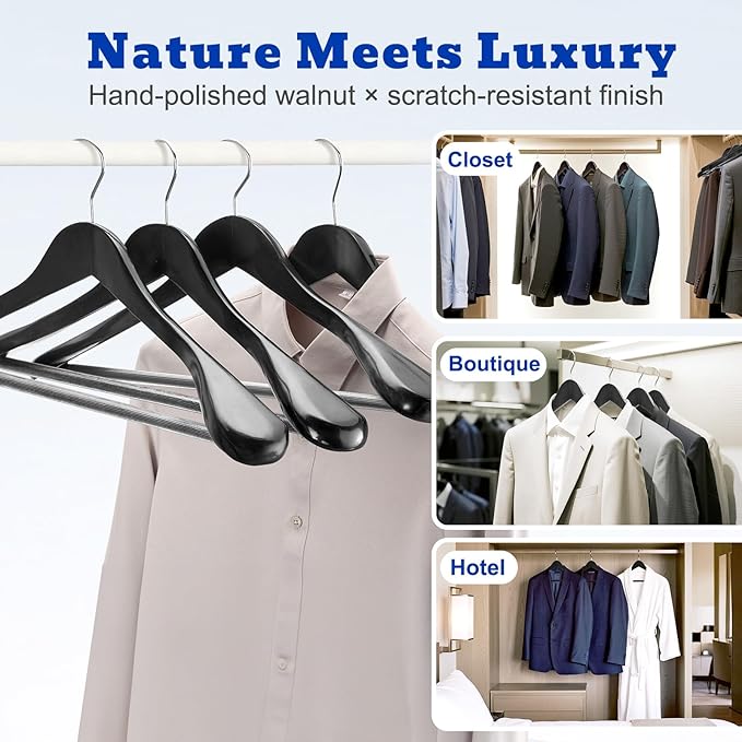 HOUSE DAY High-Grade Suit Hangers, Wide Shoulder Wooden Hangers with Non Slip Pants Bar, Smooth Finish 360° Swivel Hook Solid Wood Coat Hangers for Dress, Jacket, Heavy Clothes Hanger 6 Pack (Black)