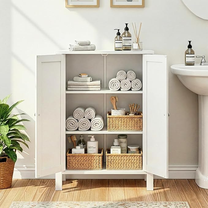 Bonnlo Bathroom Cabinet Free Standing Floor Storage with Double Door Adjustable Shelf Space Saver Decorative Modern Bathroom Furniture White