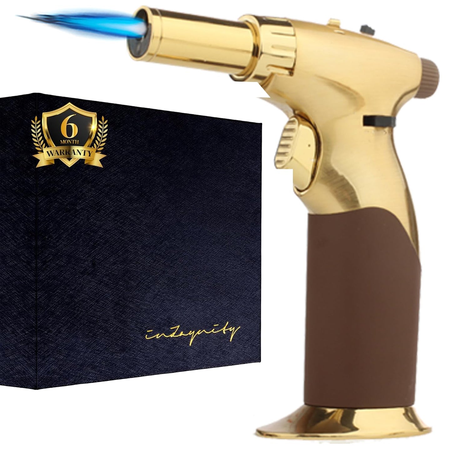 Dual Flame Butane Torch - Refillable Handheld Blow Torch for Cooking, Soldering, & Resin Art w/Adjustable Flame & Ignition Lock - Kitchen Blow Torch & Luxurious Gift Box by inZaynity® - Brown Steel