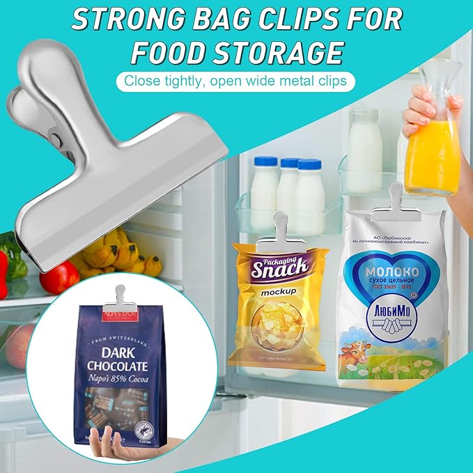 24 Pack 3 Inch Stainless Steel Silver Chip Clips Bag Clips for Food Packages,Large Food Kitchen Clip for Snack,Strong Metal Home&Office Clip for Paper Heavy Duty