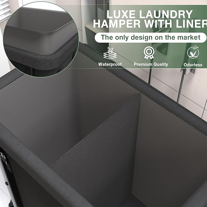 50 Gal(190L) High Grade Large Laundry Basket with Wheels, Rolling Laundry Hamper, Laundry Cart with Metal Frame and Removable Bag Design, Suitable for Laundry Room, Bedroom (Black, 2 Section 190L)