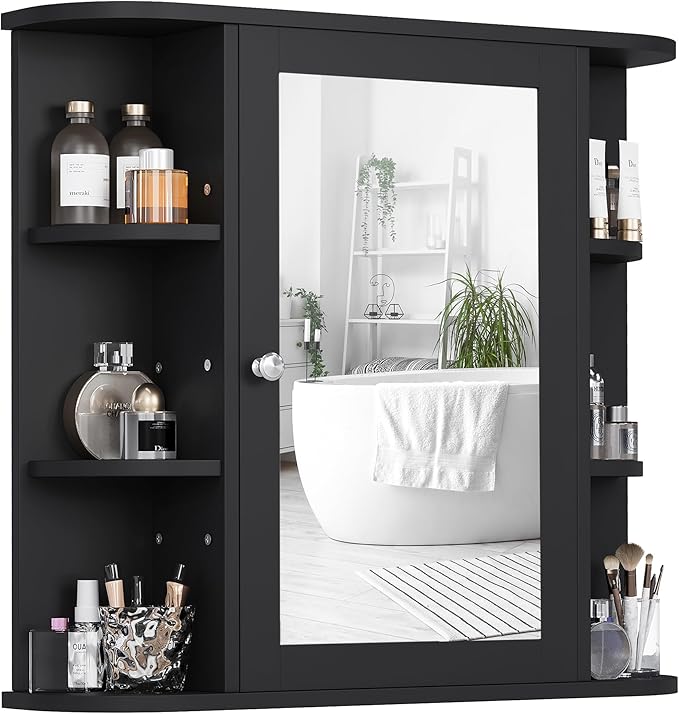 Shintenchi Bathroom Wall Cabinet with Mirror, Mounted Medicine Cabinets with 4 Internal and 6 Open Shelves, Mirrored Door Over The Toilet Storage, Black