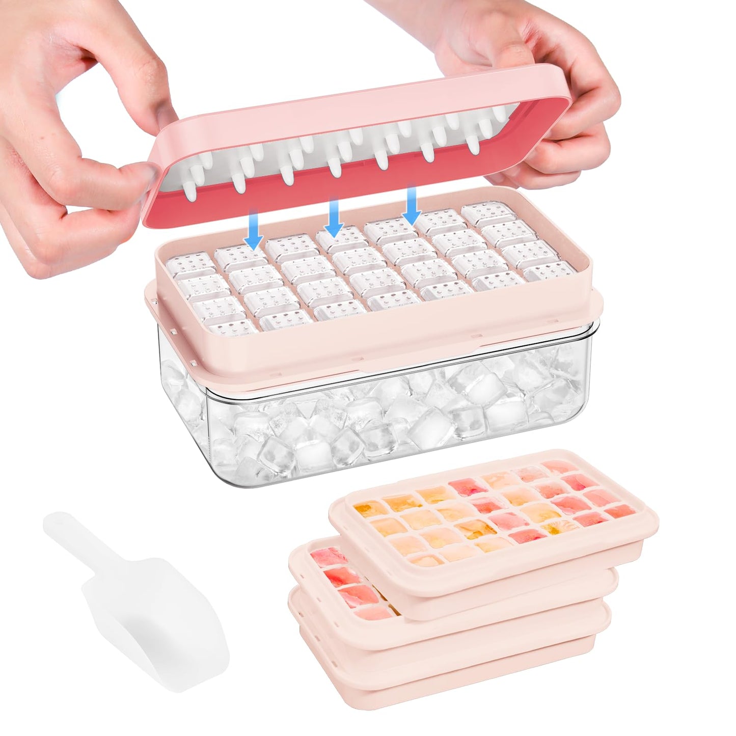 PHINOX Ice Cube Tray with Lid and Bin, Easy Release 56 Cubes for Freezer
