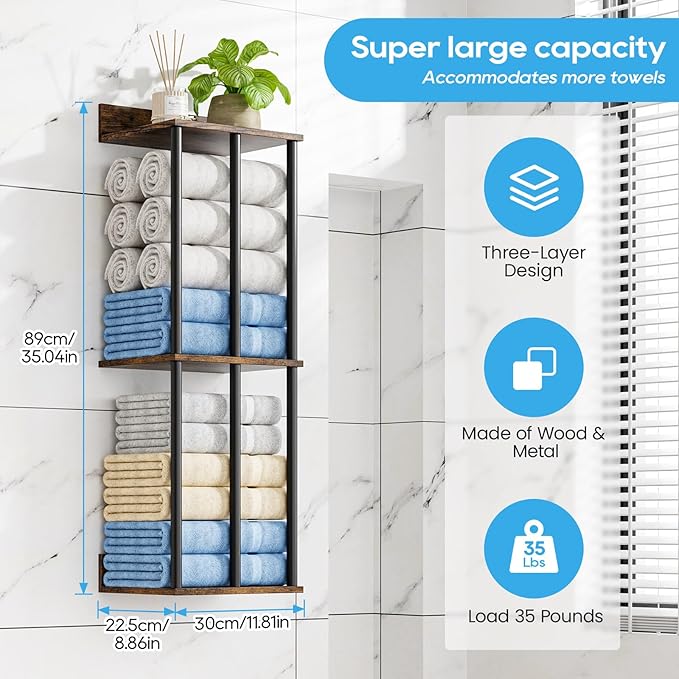 Towel Racks for Bathroom Wall Mounted with Wooden Storage Shelf, Updated 3 Bar Metal Towel Holder for Rolled Towels, Sturdy and Large Capacity, Towel Storage Organizer