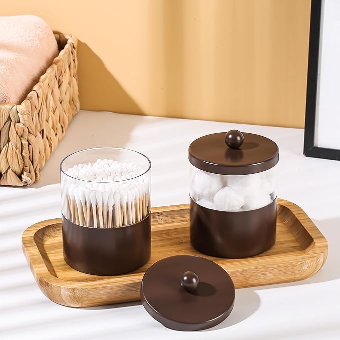 Gaussra Chocolate Brown Qtip Holder, Bathroom Jar - Stainless Steel Apothecary Jars with Stickers - Farmhouse Decor Qtip Dispenser for Qtips, Cotton Balls, Swabs, Makeup Sponges (2-Pack)