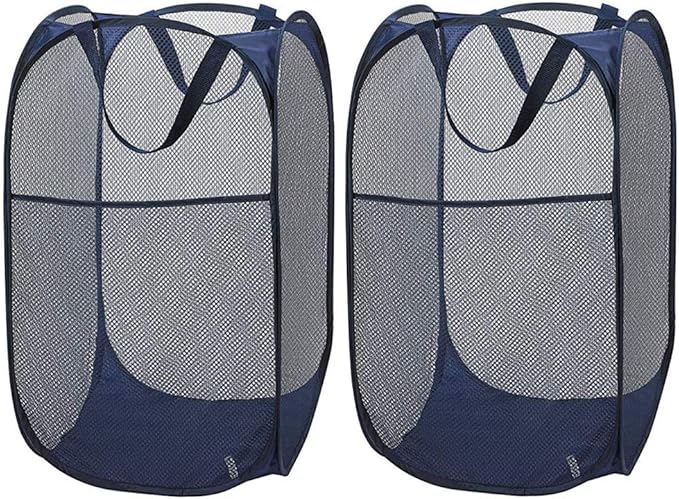 Larpur Popup Mesh Laundry Basket, Collapsible and Portable Clothes Washing Laundry Hamper with Reinforced Carry Handle (Blue*2)