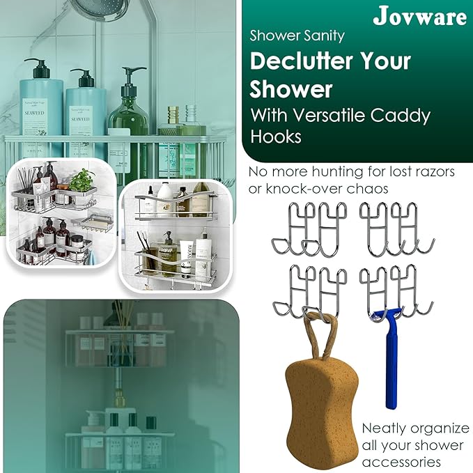 Shower Caddy with Hooks - Heavy Duty Rustproof Helmet Fence Hooks for Wire Shelves - 8 Pack Silver