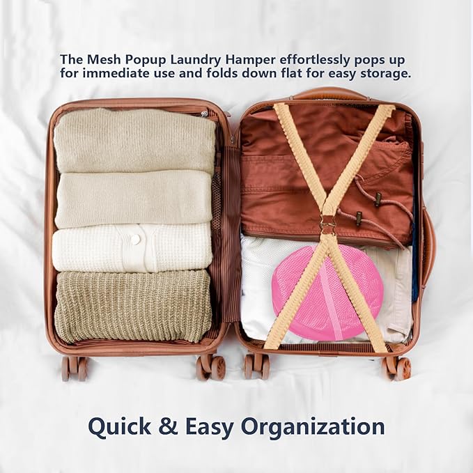Pop Up Laundry Hamper, Mesh Laundry Basket Collapsible, Foldable Hamper for Travel and Storage (Pink)