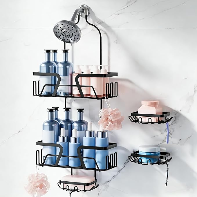 KEGII EXTRA Soap Holders x2 Shower Caddy Hanging, Never Rust Over Showerhead Organizer, Built in 9 Shaver Hanging hooks