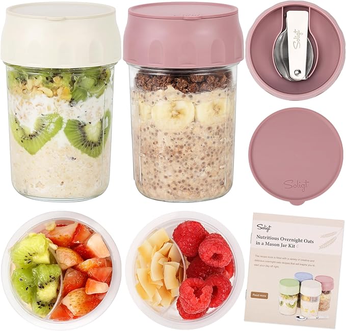 SOLIGT Overnight Oats Containers with Lids, Folding Spoons and Divided Compartment for Fruit & Nuts, Small Glass 16oz Mason Jars for Oatmeal Yogurt Parfait (2 Set-Smoke Gray/Oat White)