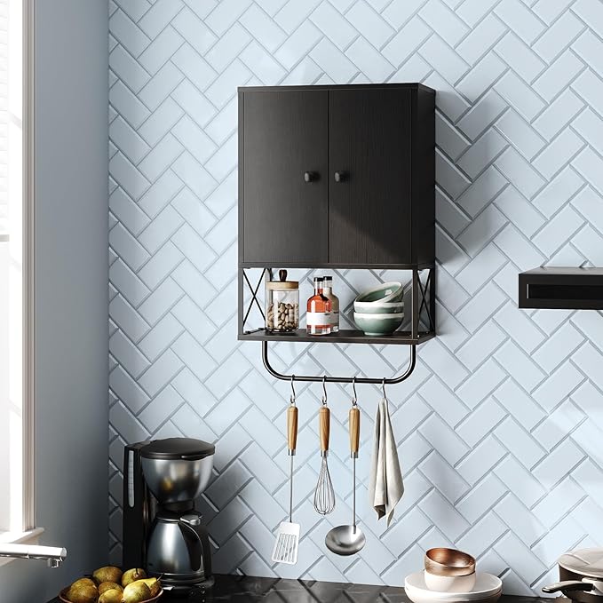 Bathroom Wall Cabinet with 2 Door and Adjustable Shelf, Farmhouse Medicine Cabinet with Towel Rack, 3-Tier Wall Mounted Storage Cabinet Over The Toilet for Bathroom Laundry Room, Black