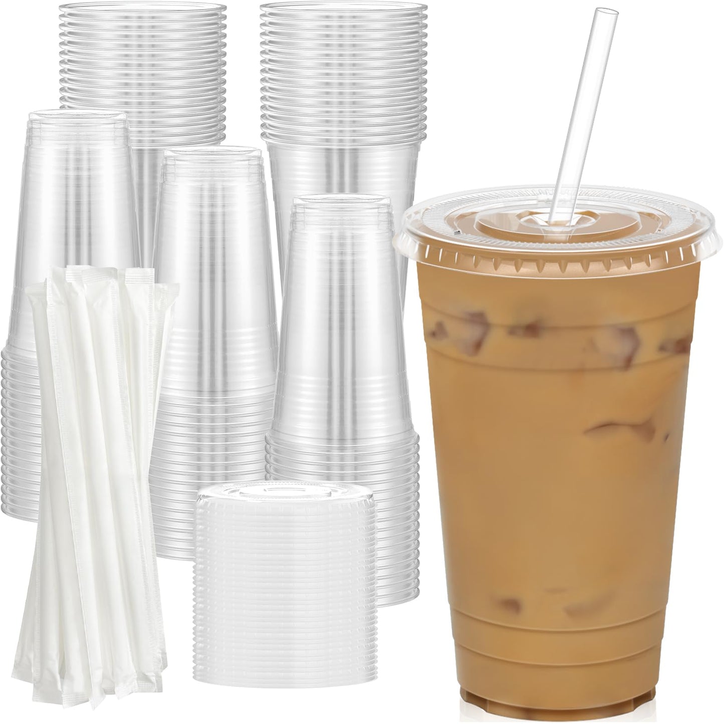 Dealusy 100 Pack - 20 oz Clear Plastic Cups with Lids and Straws