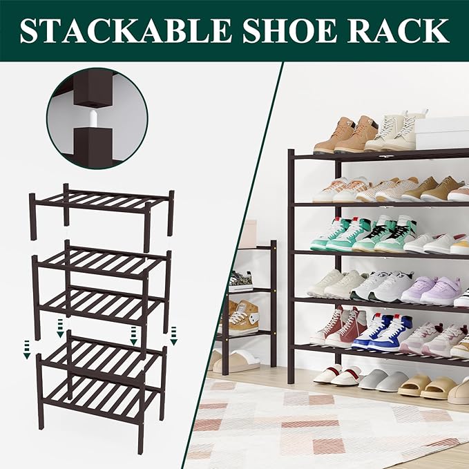 Smiry Shoe Rack, 5 Tier Long Bamboo Shoe Organizer, Stackable Free Standing Wooden Shoe Storage Shelf for Closet, Entryway, Front Door Entrance, Brown