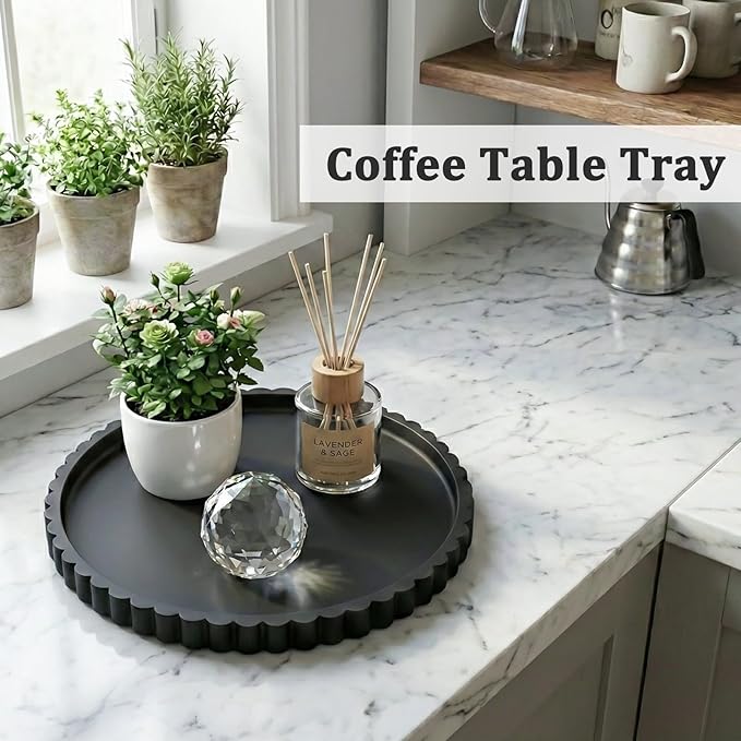 Silicone Bathroom Countertop and Vanity Tray-10 Inch Round Silicone Bathroom Tray, Modern Bathroom Decor, Coffee Table Decor, Decorative Tray for Candle, Perfume, Plants (Black)