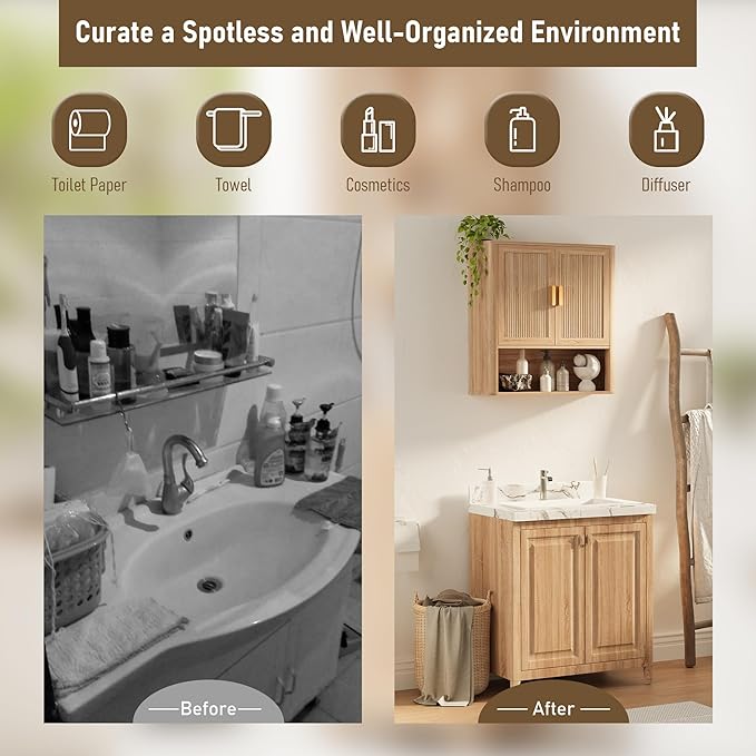 Bathroom Wall Storage Cabinet, Medicine Cabinet with Adjustable Wood Shelf & Doors, Over The Toilet Storage Cabinet for Laundry Room & Kitchen & Living Room (Natural Oak)