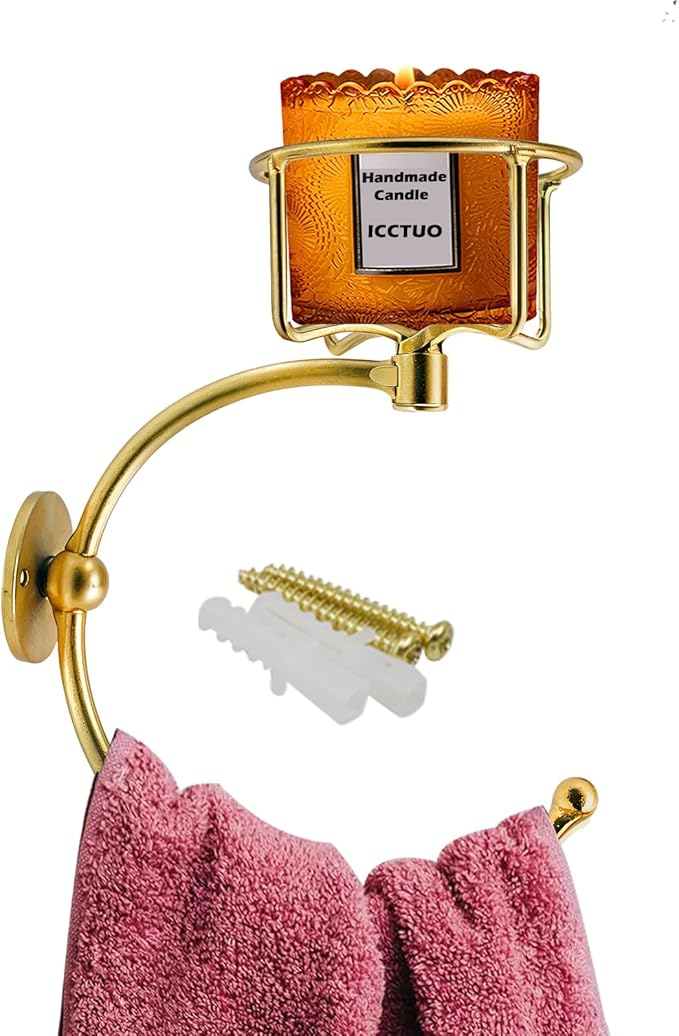 Gold Hand Towel Holder for Bathroom Wall, Towel Hook with Wall Candle Holder,Elegent Towel Ring Rose Gold, Sturdy Towel Rack Wall Mounted Hanger for Bathroom