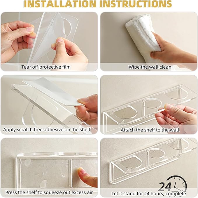 Acrylic Hair Brush Holder for Bathroom Adhesive Hair Tool Organizer Wall Mounted Comb Holder Organizer with 3 Holes Diameter 1.34 to 1.57 In,Remove Film Before Use(transparent)