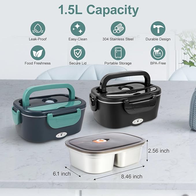 1.5L Stainless Steel Inner Container with Lid – Dual Compartment, Removable, Dishwasher Safe, Compatible with 1.5L Electric Heated Lunch Box, Easy to Clean
