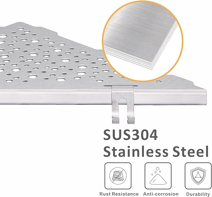 Shower Corner Shelf with 4 Hooks,No-Drill 10" Brushed Nickel 304 Stainless Steel Recessed Shelves for Bathroom Tile Walls,2-Pack