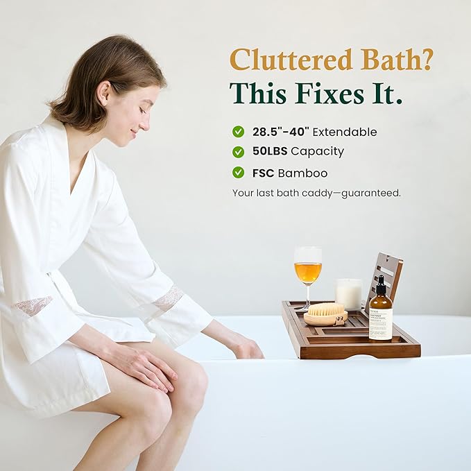 Bamboo Bathtub Tray, Bath Caddy with Wine Glass Holder, Phone Dock & Book Stand | Hands-Free Reading & Ultimate Spa Relaxation Experience-Brown