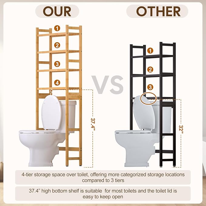 Over The Toilet Storage with 2 Baskets, 4-Tier Bamboo Organizer Rack with Paper Holder & 4 Hooks & Waterproof Feet Pad,Freestanding Shelf for Bathroom(Natural)