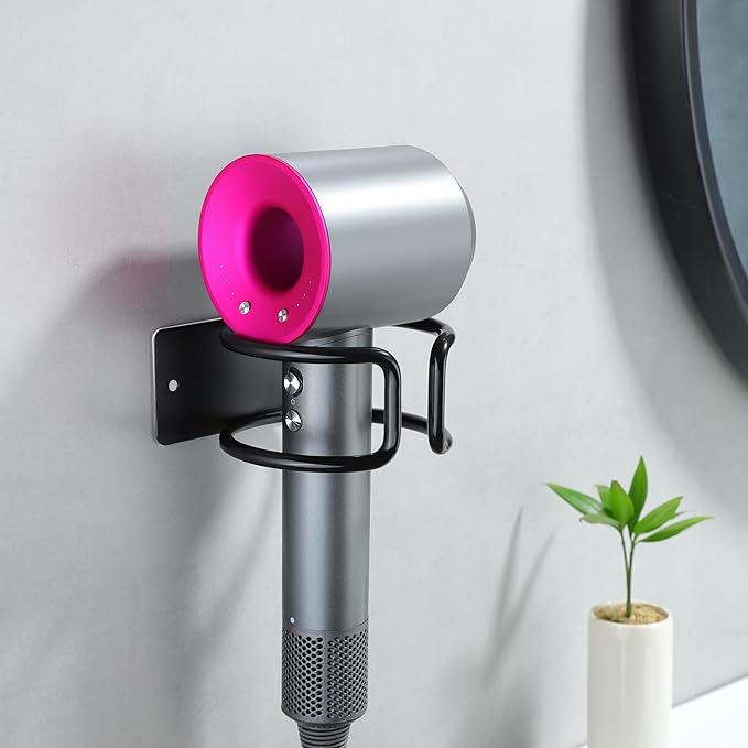 YIGII Universal Hair Dryer Holder Wall Mounted, Self Adhesive Blow Dryer Hanger Compatible with Most Hair Dryers, Stainless Steel Hairdryer Holder Rack for Bathroom Cabinet (Black)